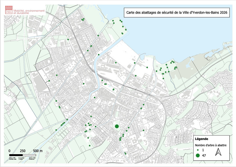 La carte des arbres qui seront abattus à Yverdon-les-Bains. (Image: Yverdon-les-Bains)