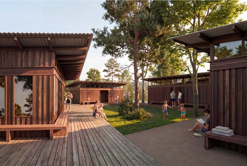 Vue projetée des nouveaux pavillons qui abriteront les vestiaires et l'accueil. (Photo : Ville du Locle)