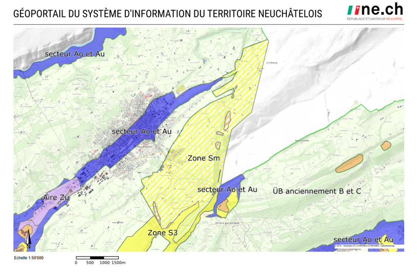 Les zones de protection Sm (hachurée en jaune) et Sh (hachurée en orange) sont au cœur des discussions du législatif chaux-de-fonnier. (Photo : Capture d'écran du SITN)