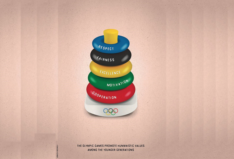 L'affiche réalisée par Annick Woungly représente le jeu enfantin des anneaux, aux couleurs olympiques (photo : Annick Woungly).