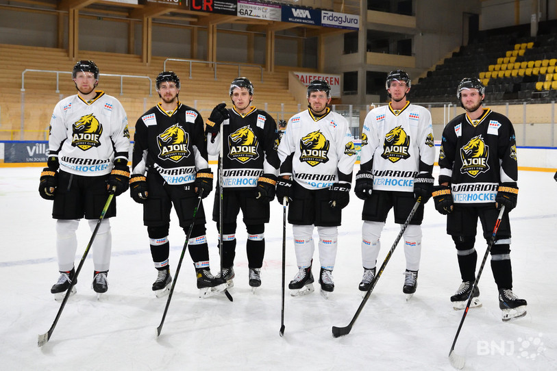 Les nouveaux visages du HC Ajoie (de gauche à droite) : Martin Ness, Jérôme Leduc, Guillaume Asselin, Matteo Romanenghi, Lou Bogdanoff et Dario Rohrbach (photo : Georges Henz).