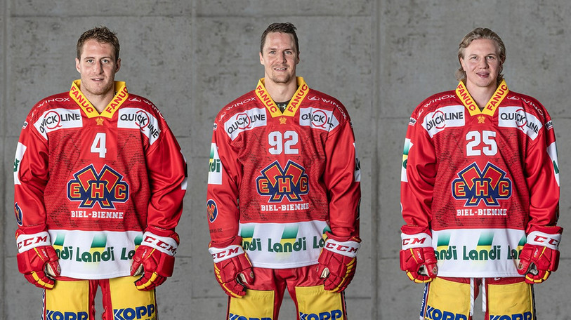 Le nouveau capitaine Gaëtan Haas est entouré de ses deux assistants Kevin Fey (à gauche) et Toni Rajala (photo : HC Bienne).