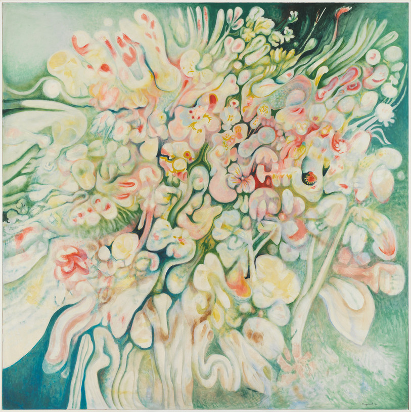 « Bouquet », 1976, peinture à l’huile sur panneau de bois, 118 x 118 cm, Musée de l’Hôtel-Dieu Porrentruy (MHDP).