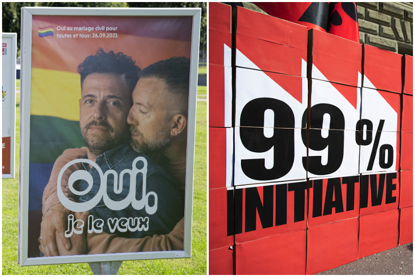 Les Jurassiens ont accepté la loi sur le mariage pour tous et rejeté l'initiative dite 99% lors des votations fédérales du 26 septembre 2021. (Photos : KEYSTONE / Salvatore Di Nolfi / Peter Klaunzer). 