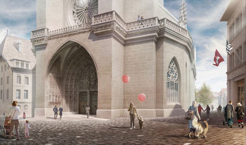 Le futur du parvis de la cathédrale St-Nicolas de Fribourg (illustrations: Studio Montagnini Fusaro. Architettura e paesaggio)