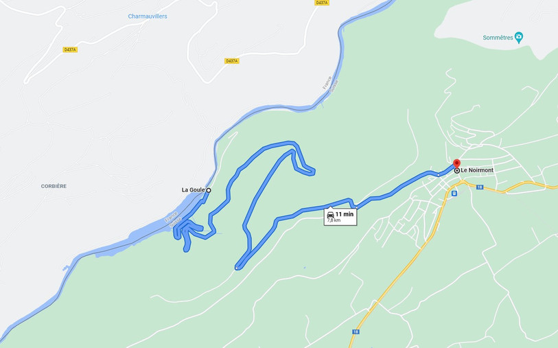 La route de La Goule relie notamment Charmauvillers au Noirmont. (Image Google Maps)
