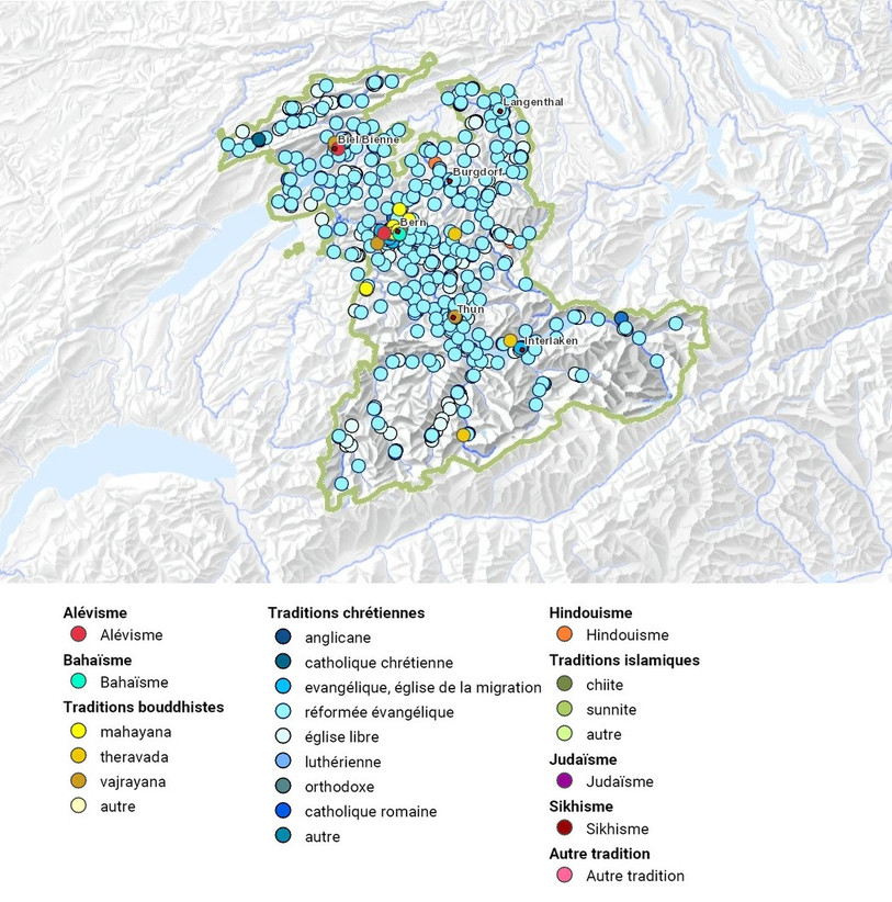 La carte numérique présente la diversité du paysage religieux bernois. (photo: www.be.ch)