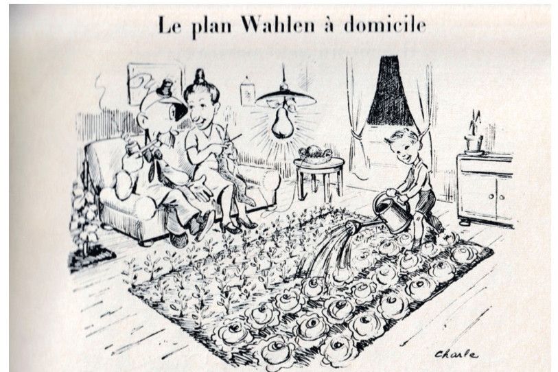 Le Plan Wahlen, tiré du nom de Friedrich Traugott Wahlen, le politicien qui était en charge de la mise en place du programme de rationnement pour pallier la pénurie de ressources et de matières premières vitales en Suisse durant la Seconde Guerre mondiale (source image: Les aventures de Numa, Colombier, 1948).