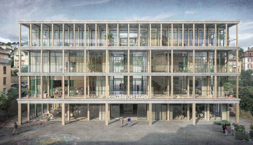 L'image de synthèse du bâtiment annexe qui sera construit à la place de l'ancienne salle de gymnastique au nord du collège des Parcs. (Photo : Commune de Neuchâtel)