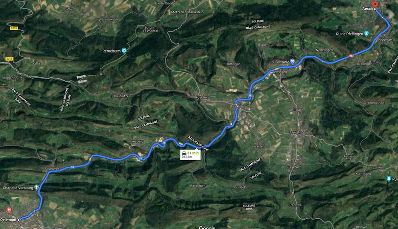 La route N18, entre Delémont et Aesch (Image : Google Maps)