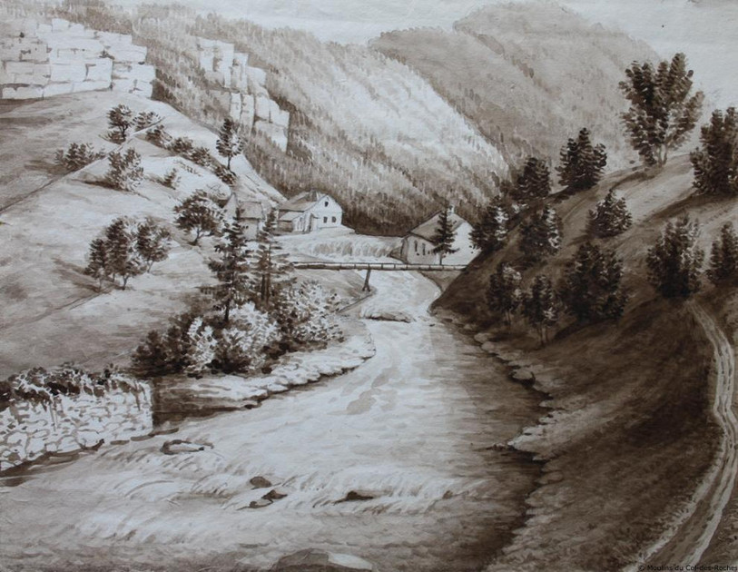 Vue du Doubs à Biaufond, dessin d'Hermann Früauf, vers 1830