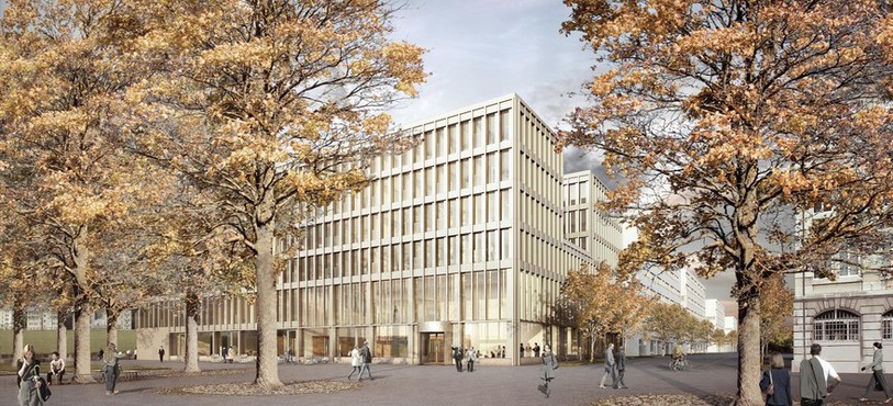 La place de la Gare telle qu'imaginée dans le projet du Nouvel Hôtel Judiciaire. Source : Isler Gysel Architekten, Zürich