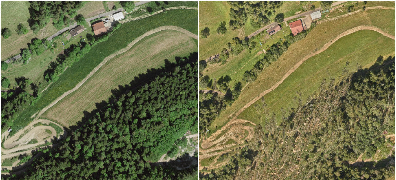 Avant et après des dégâts de la tempête du 24 juillet au Locle. (Photo avant : ©swisstopo – swissimage 2023 et photo après : Orthophotos SITN)