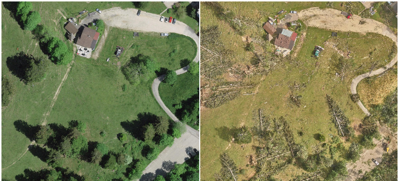 Avant et après des dégâts de la tempête du 24 juillet à La Chaux-de-Fonds. (Photo avant : ©swisstopo – swissimage 2023 et photo après : Orthophotos SITN)
